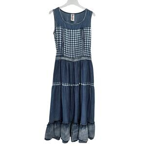 Keer Qiaowa Patchwork Gingham Dress Women Large Blue Artsy Peasant‎ Boho Hippie
